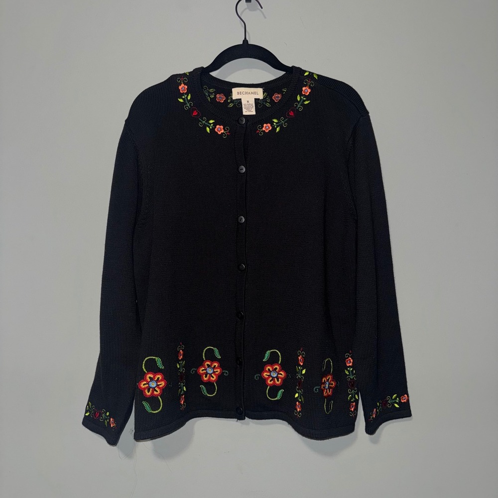 BECHAMEL‎ Black Embroidered Floral Button Front Cardigan Sweater Women's XL
